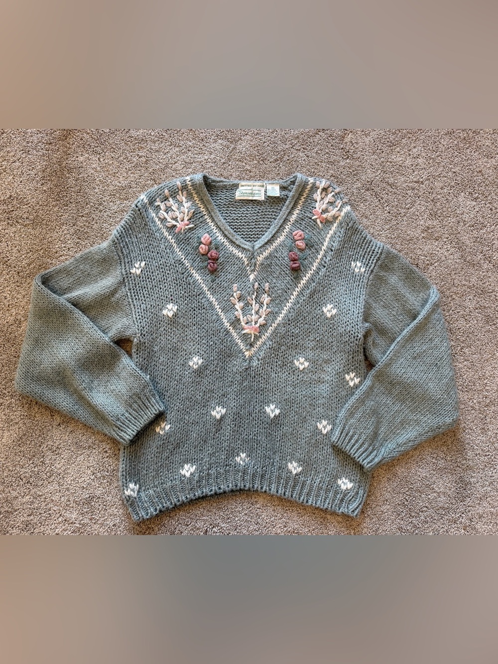 Women’s Vintage Hand Knit Sweater with Pink Floral Embroidery- Size Medium